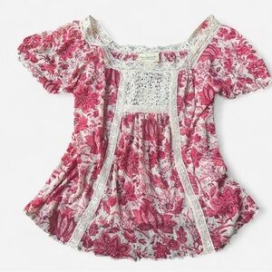 NWT Denim & Supply Ralph Lauren Pink White Lace 
Floral Blouse Square Neckline